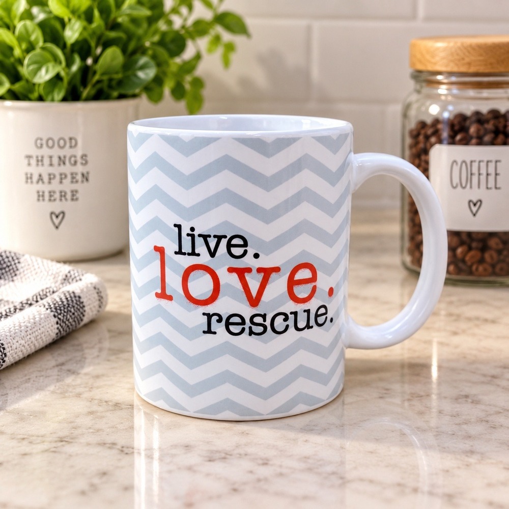 Live Love Rescue Dog Coffee Mug Blue Chevron Ceramic Pet Lover Gift